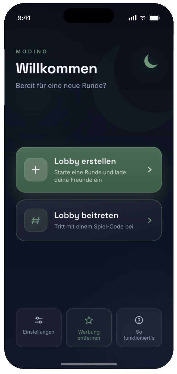 Modino Startbildschirm: Lobby erstellen oder beitreten